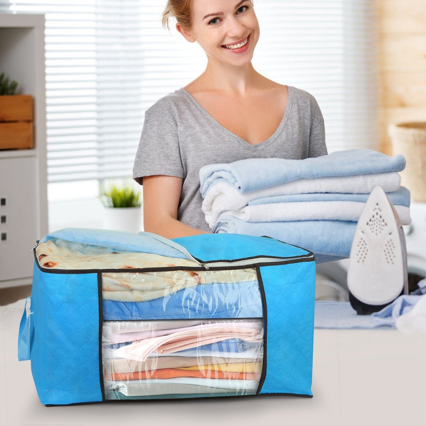2 Piece 90L Large Capacity Storage Bags with Handle, Foldable Closet Organizer w/ Clear Window