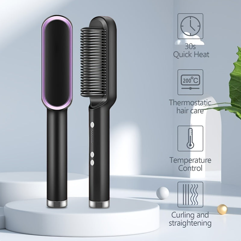 2-in-1 Electric Hair Straightener Brush Hot Comb Adjustment Heat Styling Curler Anti-Scald Comb, 2-in-1 Styling Tool for Long-Lasting Curls and Straight Hair