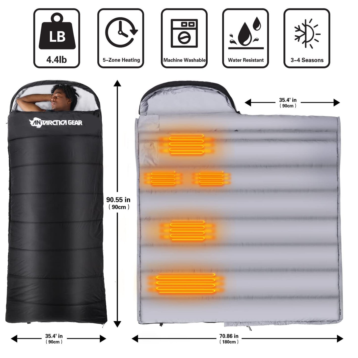 ANTARCTICA GEAR Heated Sleeping Bag with 16000mAh 12V Battery Pack 5pcs Heating Areas Sleeping Bags for Adults 3 Adjustable Heating Levels Cold Weather Sleeping Bag for All Season Hiking & Camping