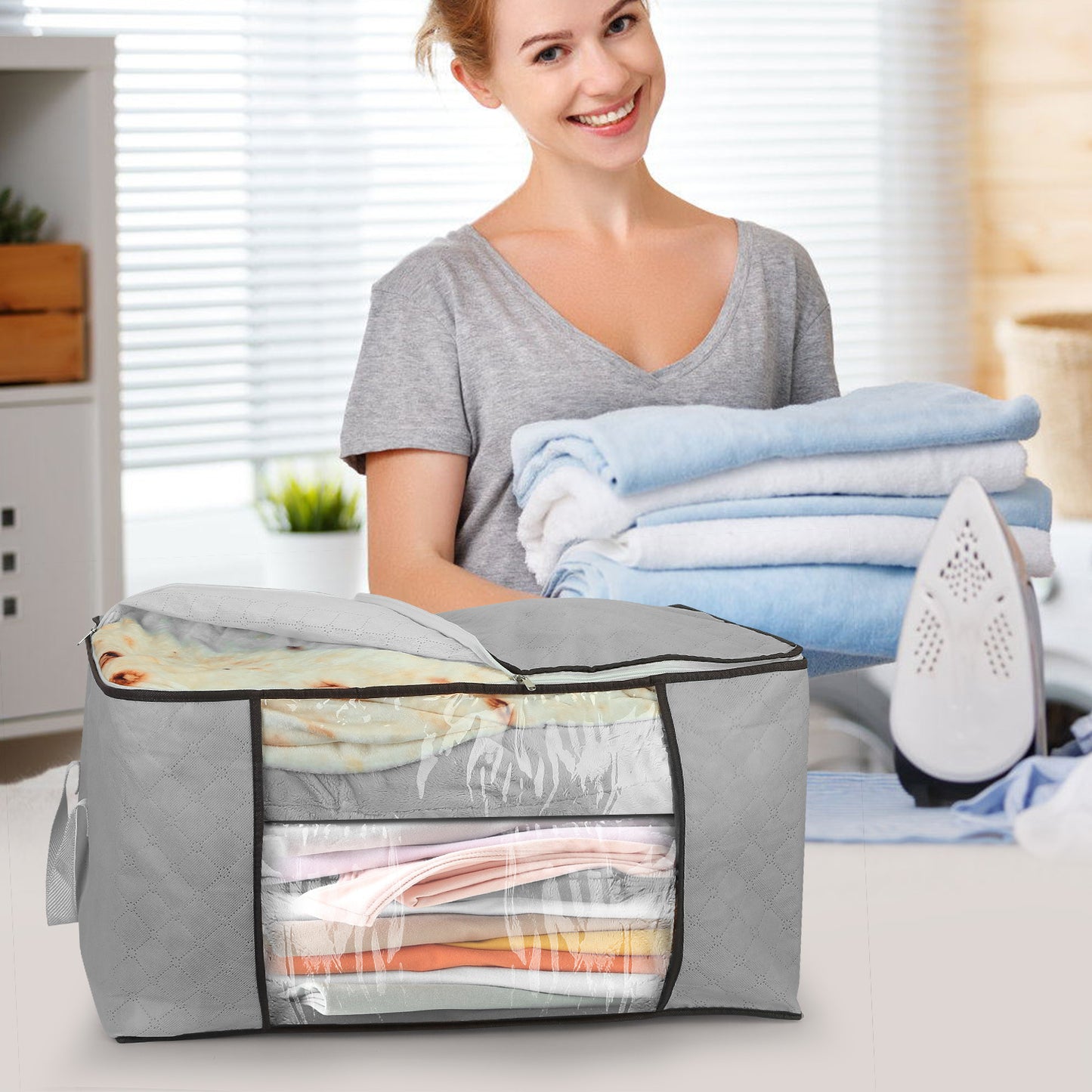 2 Piece 90L Large Capacity Storage Bags with Handle, Foldable Closet Organizer w/ Clear Window