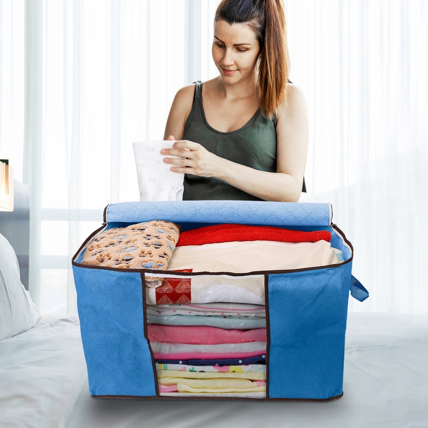 2 Piece 90L Large Capacity Storage Bags with Handle, Foldable Closet Organizer w/ Clear Window