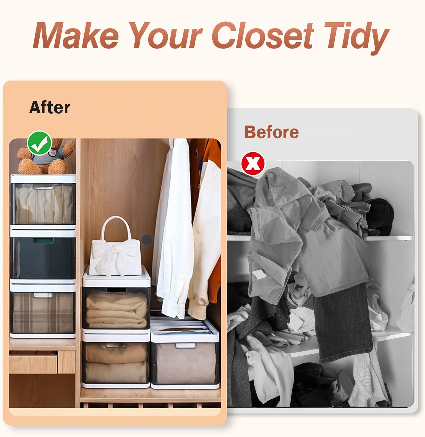 3 Pack Foldable Storage Bin with Lid and Divider, Plastic Closet Drawer Organizer for Toys Clothes