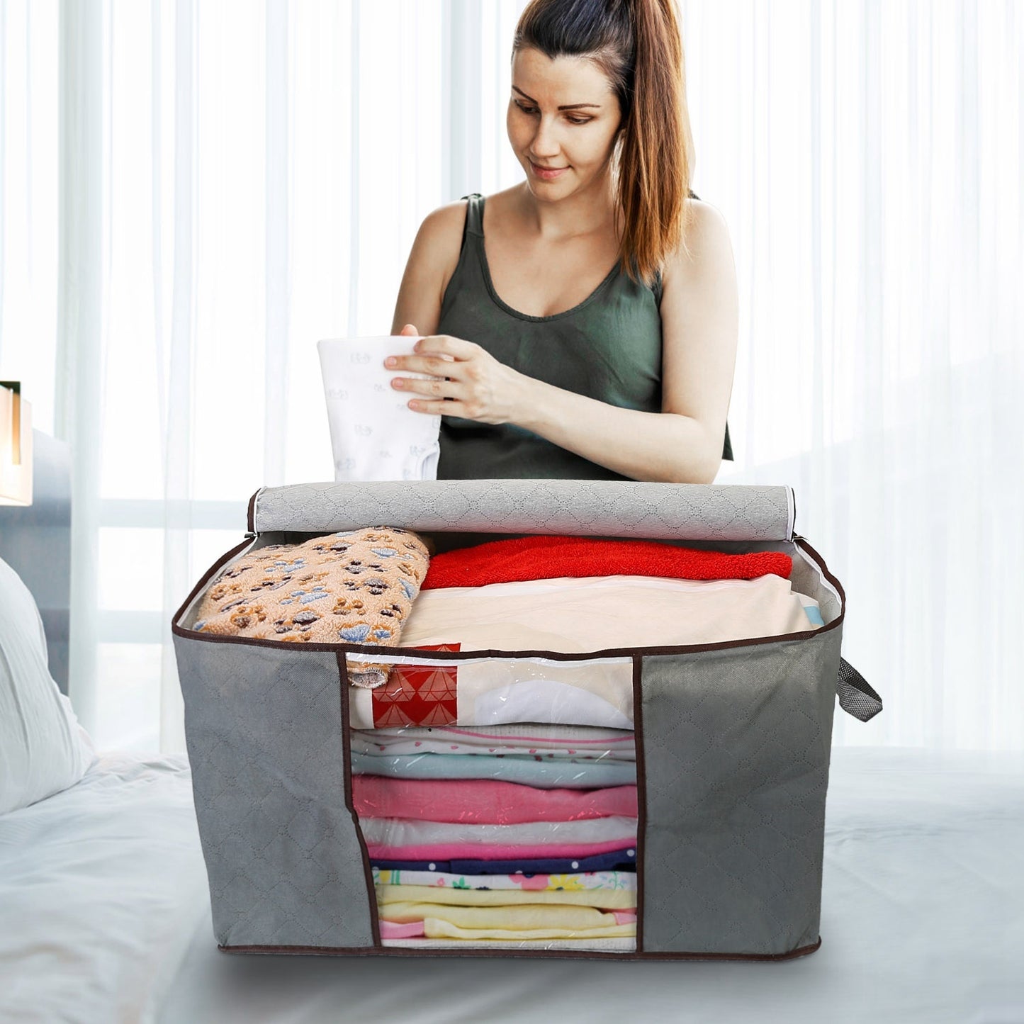2 Piece 90L Large Capacity Storage Bags with Handle, Foldable Closet Organizer w/ Clear Window
