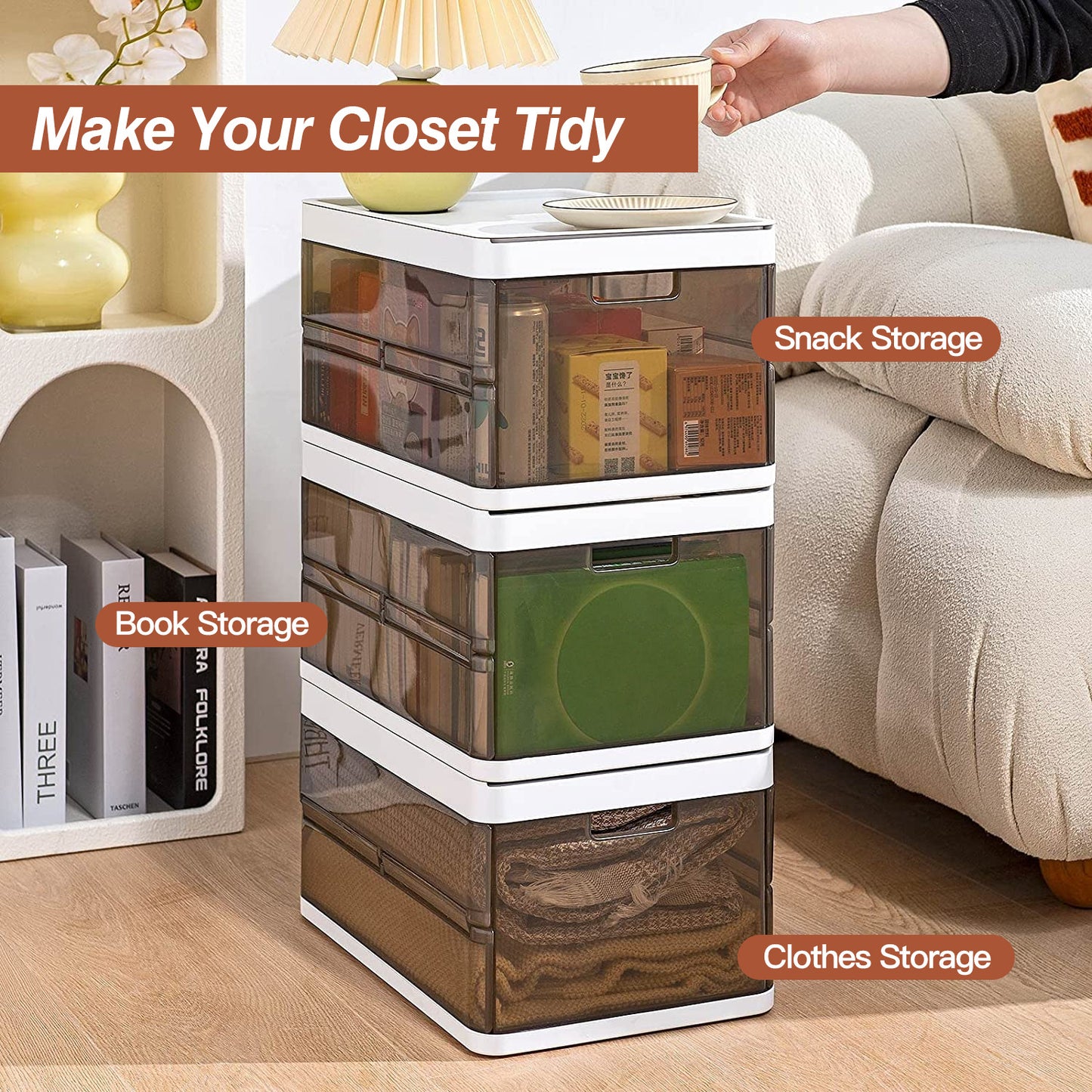 3 Pack Foldable Storage Bin with Lid and Divider, Plastic Closet Drawer Organizer for Toys Clothes