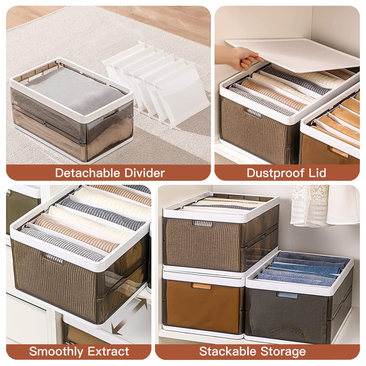 3 Pack Foldable Storage Bin with Lid and Divider, Plastic Closet Drawer Organizer for Toys Clothes