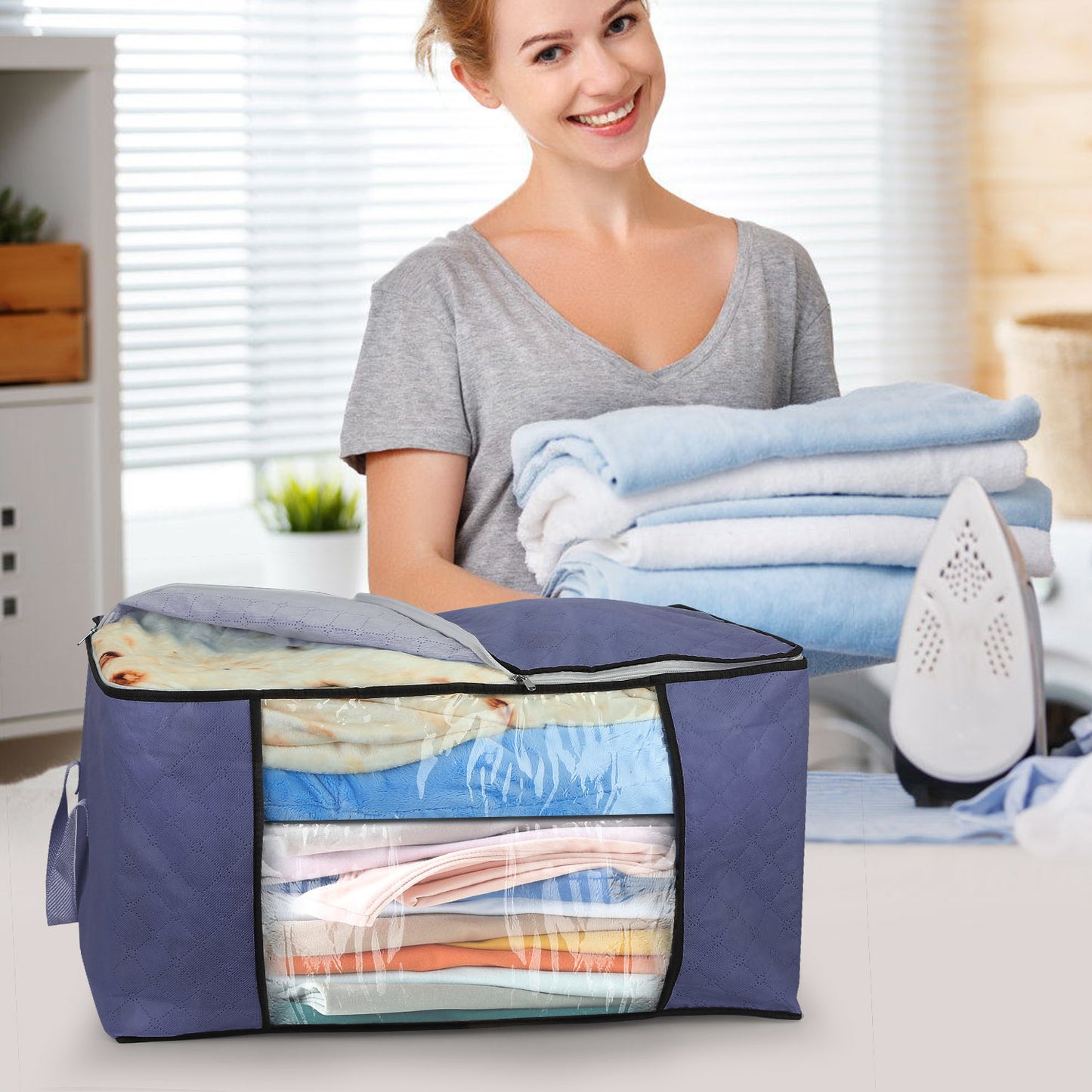 2 Piece 90L Large Capacity Storage Bags with Handle, Foldable Closet Organizer w/ Clear Window