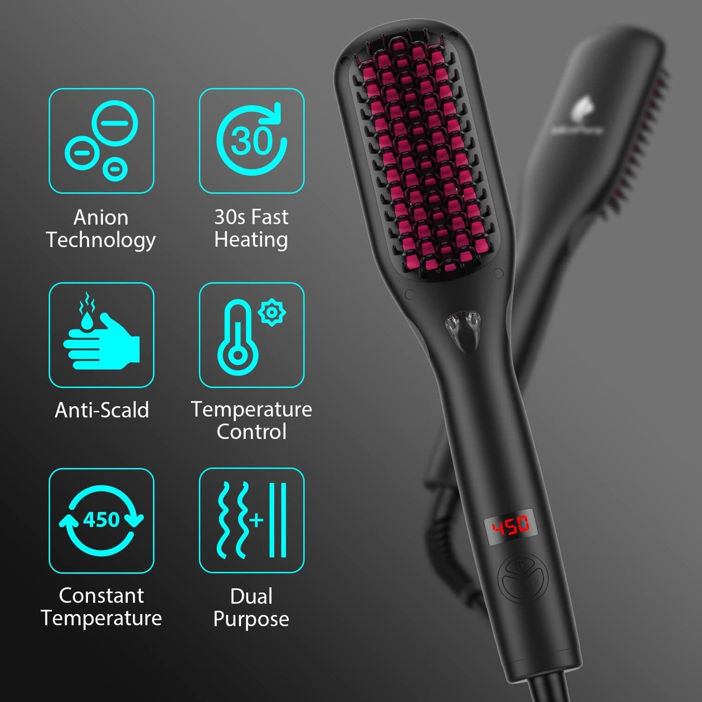 Hair Straightener Brush with Ionic Generator by MiroPure, 30s Fast MCH Ceramic Even Heating, 11 Temperature Control, Professional for Straightening or Curling (Black)