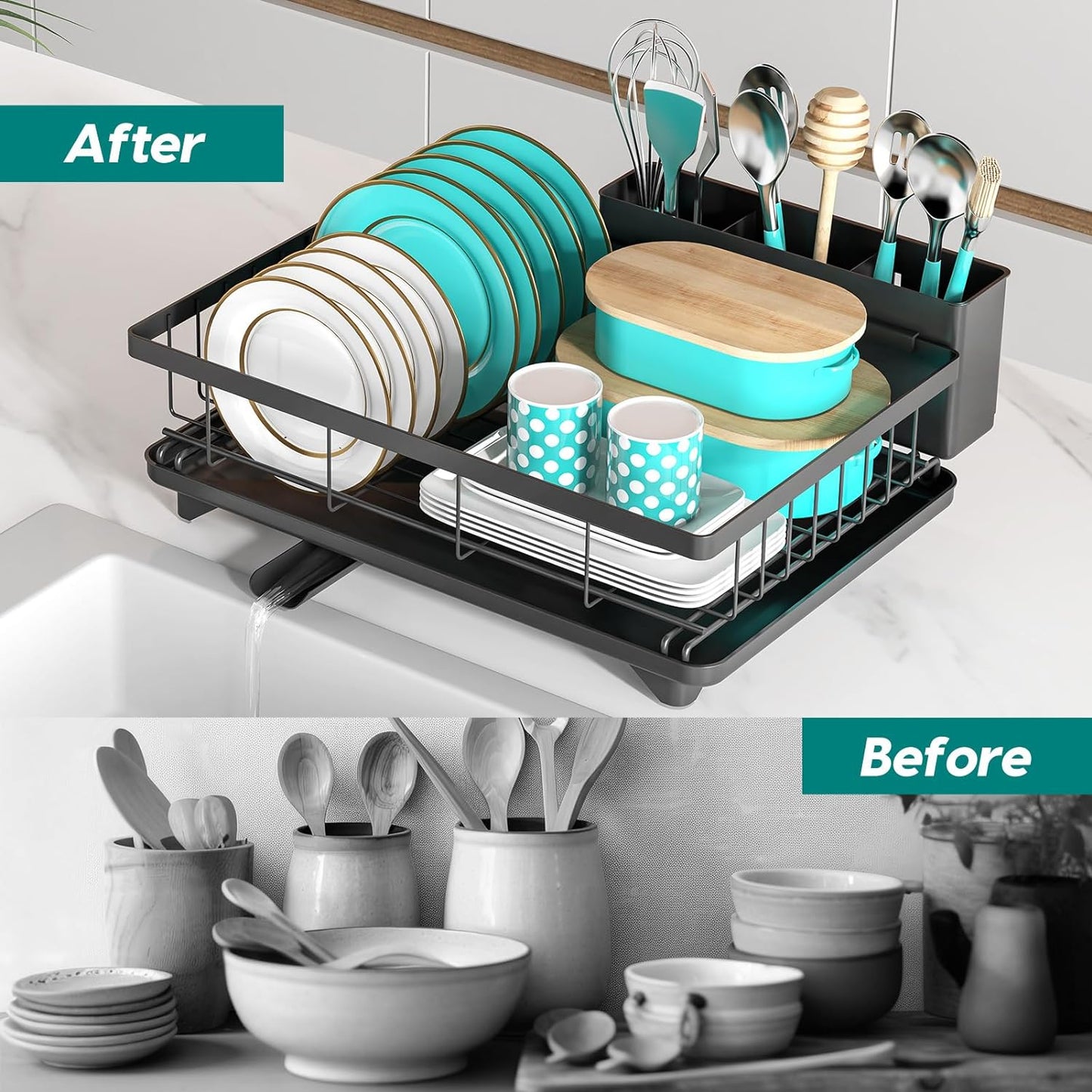 Dish Drying Rack Dish Racks for Kitchen Counter Sink with Drainboard Black Rustproof Drying Rack Kitchen Dish Drainer with Widened Leak-Proof Spout, Large 3-Compartment Utensil Holder
